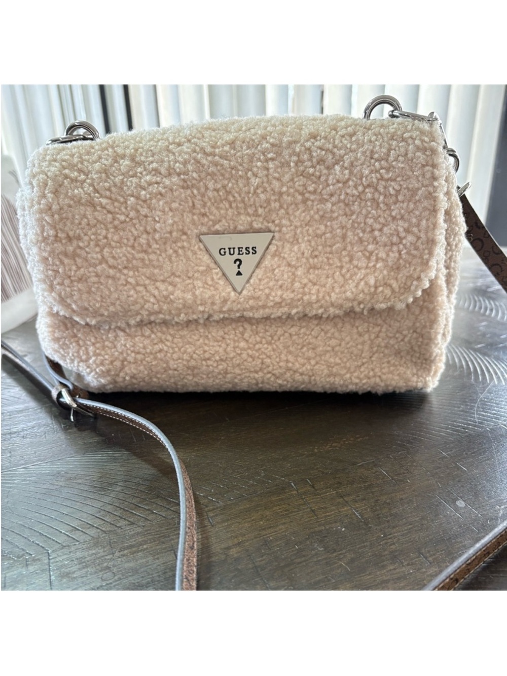 GUESS Cream Sherpa Flap Crossbody Bag with Logo Hardware